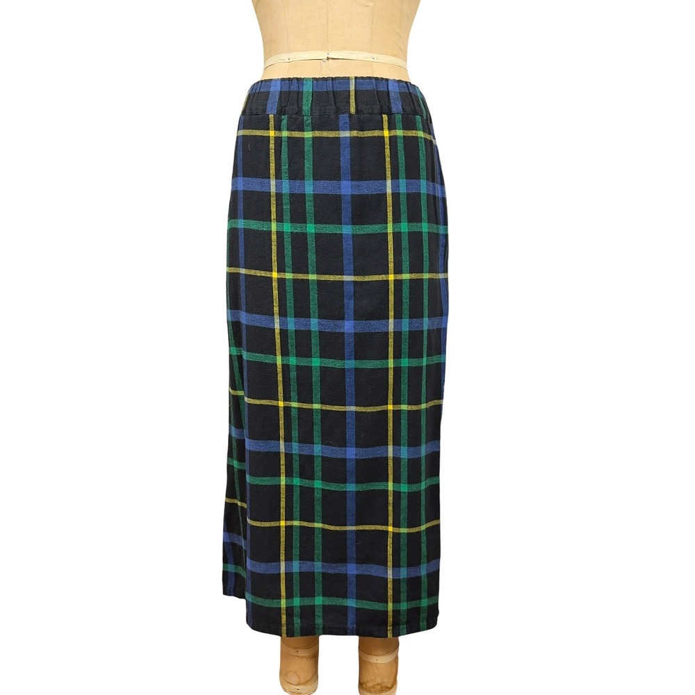 90s Navy Plaid Flannel Maxi Skirt Tartan Pockets Dark Academia Preppy Size S